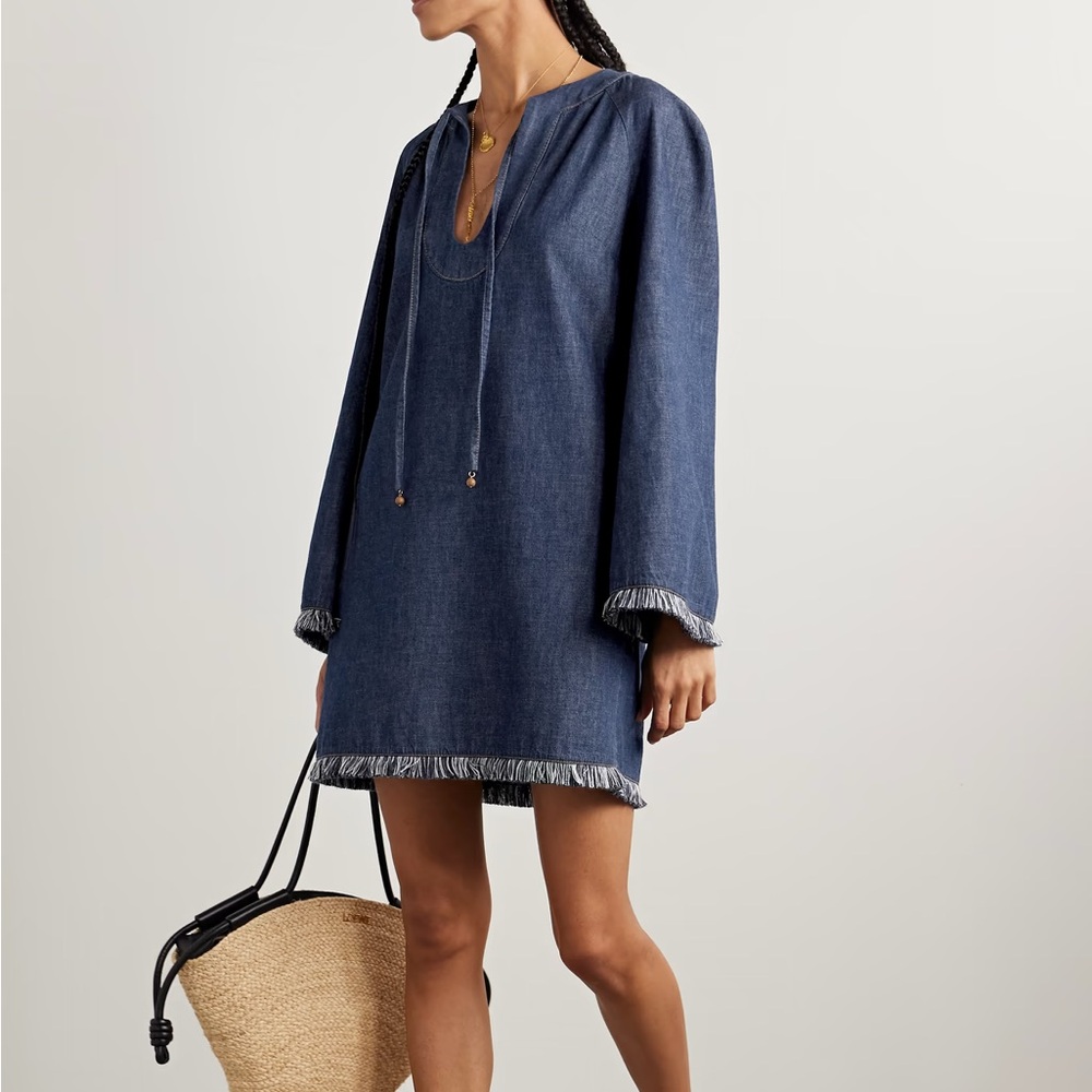 ZIMMERMANN Rhiannon Tie-detailed Frayed Denim Jean Mini Dress Tunic Coverup 0 XS